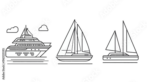 Line art illustration features a yacht and two sailboats, with clouds, minimalist design