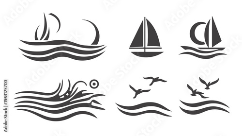 Black and white icons of sailboats, waves, sun, and birds. Designs for nautical themes