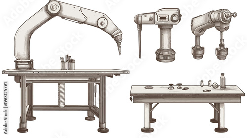 Vintage-style illustration of robotic arms, working tables, and assorted components