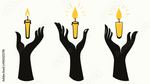 Three hands holding lit candles of varying flame intensity on a white background