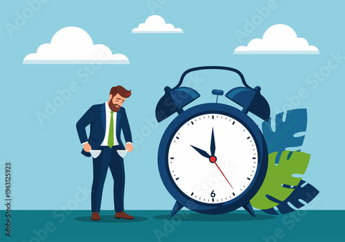 Broke businessman with empty pockets standing next to a large alarm clock, vector illustration depicting financial crisis