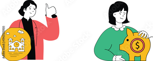 Two individuals symbolizing community support and financial contribution through cheerful illustrations and visual metaphors