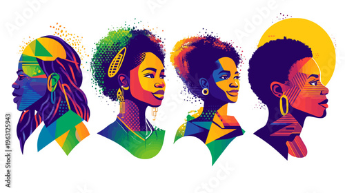 Four stylized profile portraits of women with colorful mosaic and geometric designs