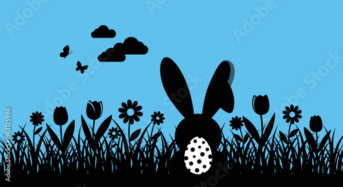 Easter bunny silhouette with egg in a field of flowers.