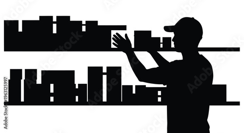 Silhouette of a man reaching for a box on a shelf in a warehouse setting illustration