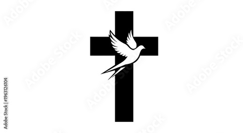 Black cross with white dove flying in front of it.
