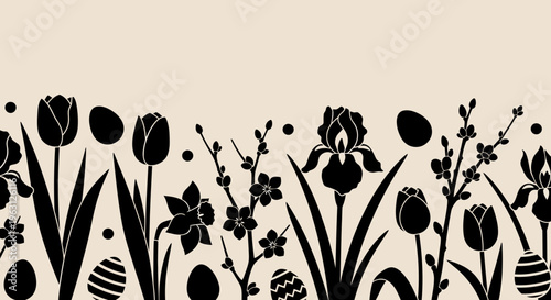 Easter Spring Flowers and Eggs Silhouette Border Design.