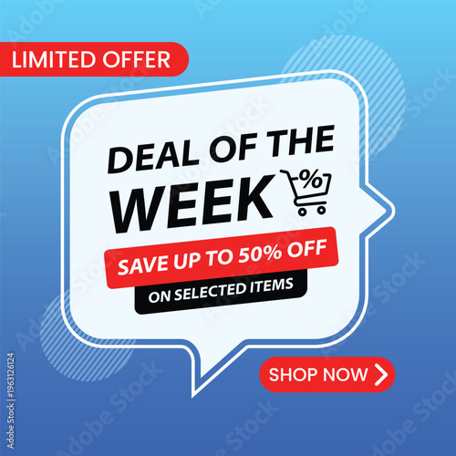 Deal of the Week Sale Banner with 50 Percent Off Discount and Shop Now Button
