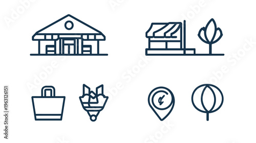 Flat vector illustrations featuring various building structures, shopping elements, and location pointers