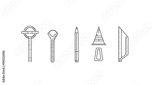 Black and white illustration of various drawing tools against a clean, white backdrop
