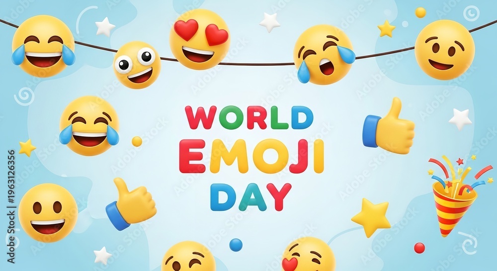 Fototapeta premium A colorful illustration celebrating World Emoji Day with various happy emojis and confetti