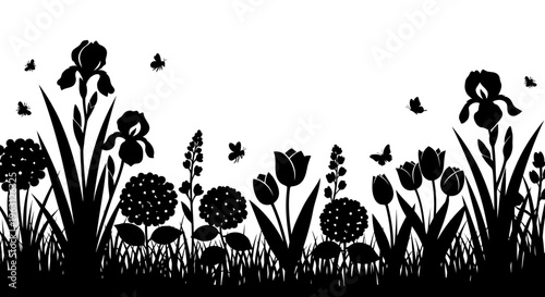 Silhouette of a vibrant spring garden with various flowers and butterflies.