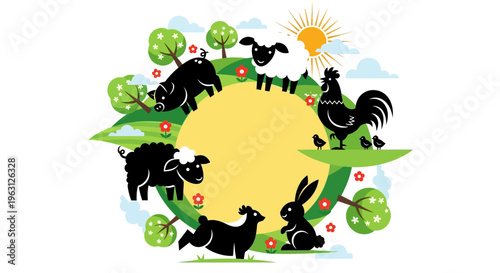 Farm animals in a circular frame with green hills and a bright sun.