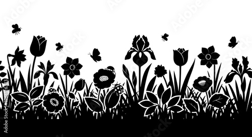 Silhouette of a vibrant spring flower garden with various blossoms and butterflies.