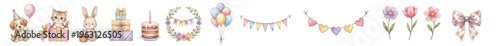 Adorable pastel watercolor clipart set with baby animals, balloons, floral wreaths, party design. Collection of Vector illustrations. Perfect for invitation, card, poster, banner, decoration