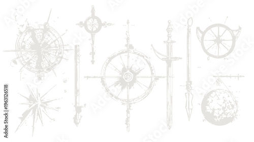 Collection of stylized, textured illustrations. It features compasses, sword, ship's wheel, and world globe