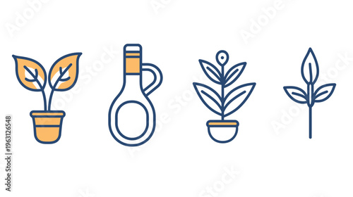 Four stylized illustrations in a minimalist style, featuring plants and a bottle with an appealing color palette