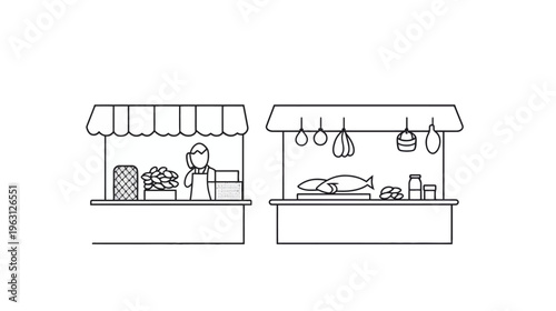Simple black and white line art depicting two market stalls with food items and a vendor
