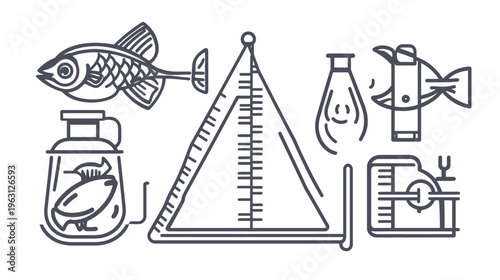 Linear illustration of marine creatures and laboratory equipment in minimalist style