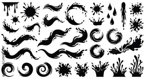 Black ink splashes and drops isolated on white background