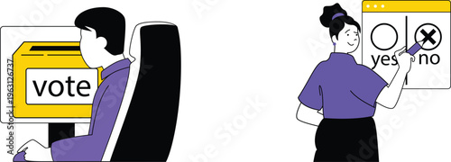 People participating in voting and decision-making through different modern and traditional methods depicted simply