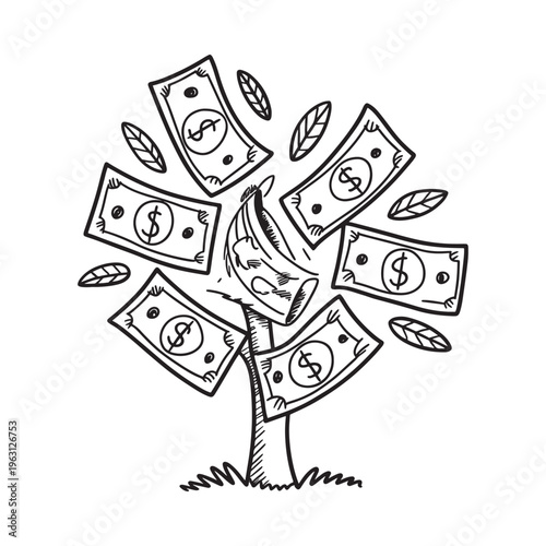 A sketched tree grows money instead of leaves symbolizing wealth