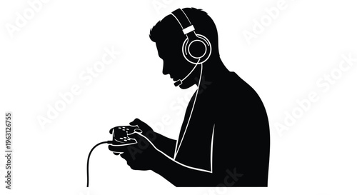 Man wearing headset playing video games with a controller in hand very focused
