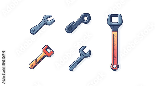 Stylized digital illustrations of hand tools, including spanners and wrenches, against a white background