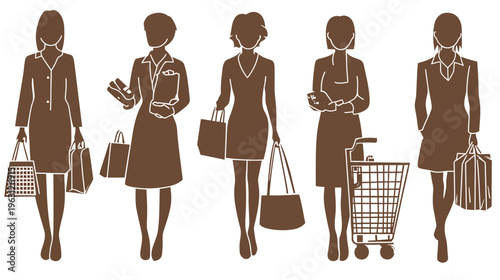 Silhouetted women in various dresses and business attire holding shopping bags, and one with a cart