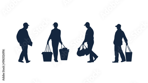 Silhouettes of figures carrying bags and baskets, set against a stark white backdrop