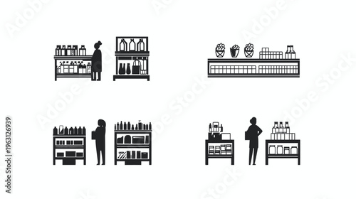 Silhouetted illustrations of store shelves stocked with products, accompanied by shoppers
