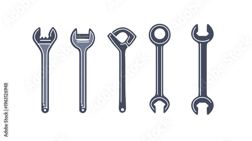 A row of five stylized wrenches with various open end designs, on a white background