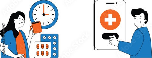Two people managing medication reminders and health tracking through a clock and smartphone app symbolizing care and attention