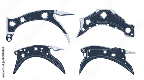 Four stylized renderings of mechanical components with curves, holes, and contrasting colors