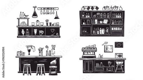 Black and white illustration of bar interiors shelves, counters, and equipment