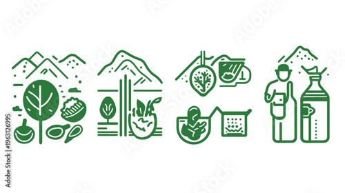 Green line icons illustrating nature, ingredients, a person with bottles, and mountains