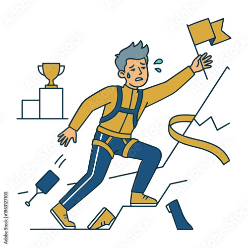 Man holding flag struggles to run up stairs with falling trophy and blocks