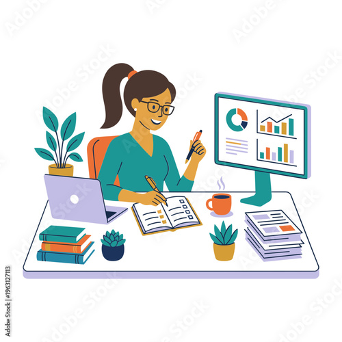 A woman works at her desk with computer, papers, and books in an office.