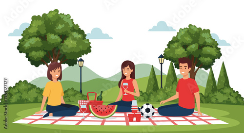 A happy vector illustration of a family enjoying a picnic in a park on a sunny day with a soccer ball