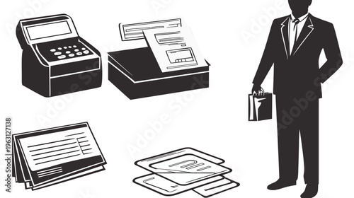 Silhouetted business setting featuring office equipment, printed documents, and a suited person