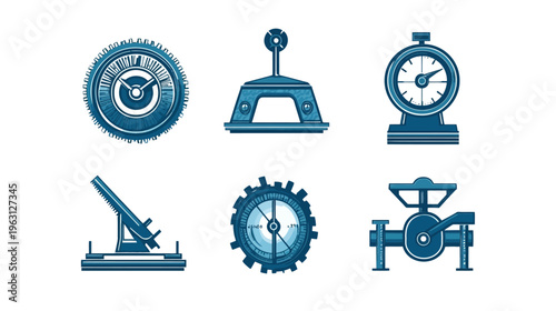 Set of six technical illustrations with a blue and white color scheme and a sketch-like style