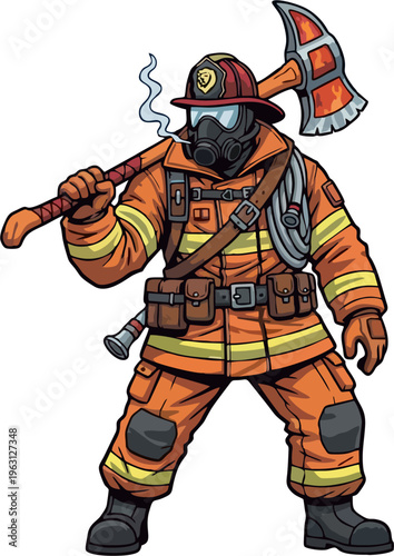 Cartoon Firefighter Character Illustration - Tough Fireman in Orange Suit Holding Fire Axe with Gas Mask Helmet Hose and Tactical Gear on Blue Background Vector Art
