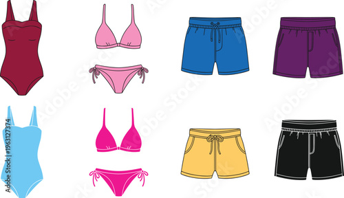 Swimwear collection illustration with bikini sets, one piece swimsuits and shorts, summer fashion apparel, beachwear design elements, colorful clothing templates isolated on white background