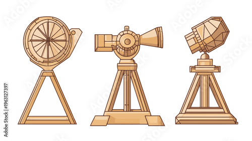 Three wooden illustrations of what appear to be ancient surveying and measuring instruments
