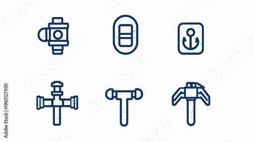 Collection of various isolated blue icons on white background with a textured, vintage effect
