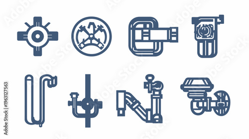 Collection of stylized industrial mechanical engineering icons, in a monochromatic blue color