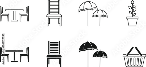 Minimal line and solid icon set featuring furniture, chair, table, umbrellas, plant, and shopping basket for modern UI design use