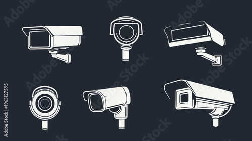 Six white vector illustrations of security cameras with varied designs against a dark gray backdrop