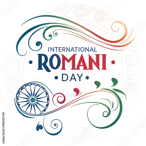 International Romani day emblem with floral ornaments and wheel.