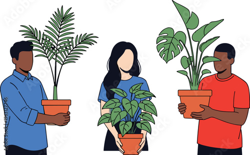 People holding indoor plants illustration, diverse characters with potted greenery, houseplant care concept, urban gardening lifestyle, eco friendly living, modern flat design